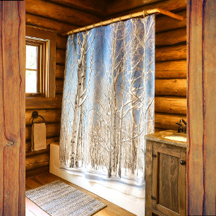 White Bark Aspen Trees Winter Snow Under Blue Sky Shower Curtain