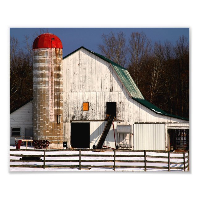 White Barn and Red Silo Photo Print (Front)