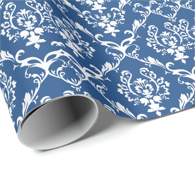 White Baroque Damasks Custom Blue Background Wrapping Paper (Roll Corner)