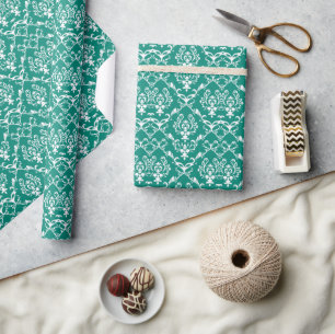 White Baroque Damasks Custom Blue-green Background Wrapping Paper