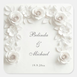 White Baroque Floral Roses Frame Wedding Square Sticker