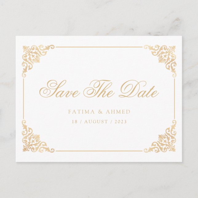 White Baroque Muslim Save The Date Announcement (Front)