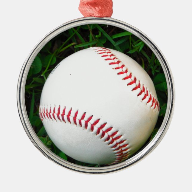 White Baseball with Red Stitching Metal Tree Decoration (Front)