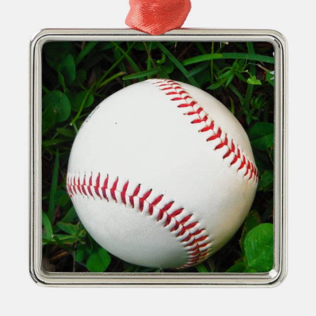 White Baseball with Red Stitching Metal Tree Decoration (Front)