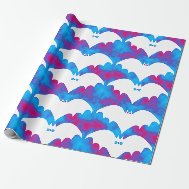White Bats And Bows Blue Pink Wrapping Paper (Unrolled)