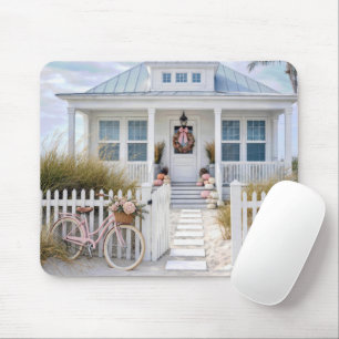 White Beach Cottage with Pink Pumpkins and Bicycle Mouse Pad