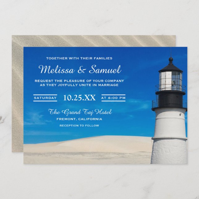 White Beach Sand Scenic Lighthouse Wedding Invite (Front/Back)