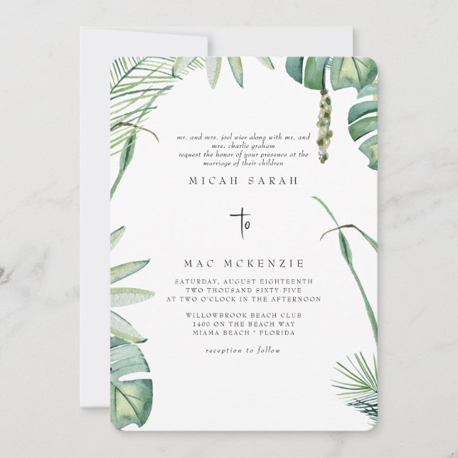 White Beach Tropics Both Parents Wedding Invitation (Front)