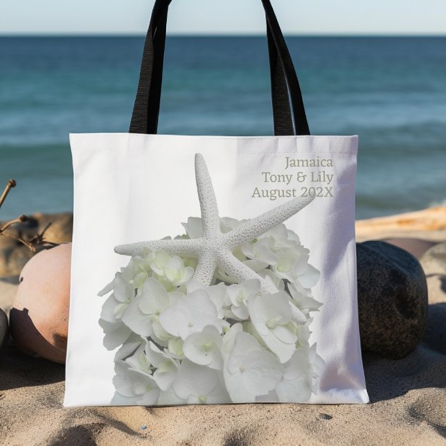 White Beach Wedding Starfish Hydrangea Welcome Tote Bag (Creator Uploaded)
