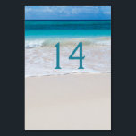 White Beach Wedding Table Number Card<br><div class="desc">Modern beach themed wedding reception table number card,  with a photograph of a white sandy beach and aqua blue water.  Personalise the aqua blue number for each table at your reception.  Matching products are available.</div>