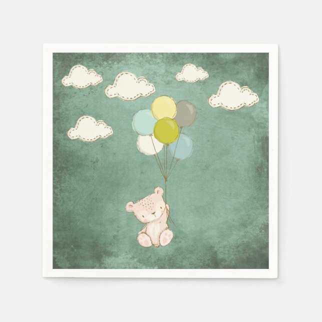 White Bear Balloons Clouds Green Rustic Cute Napkin (Front)