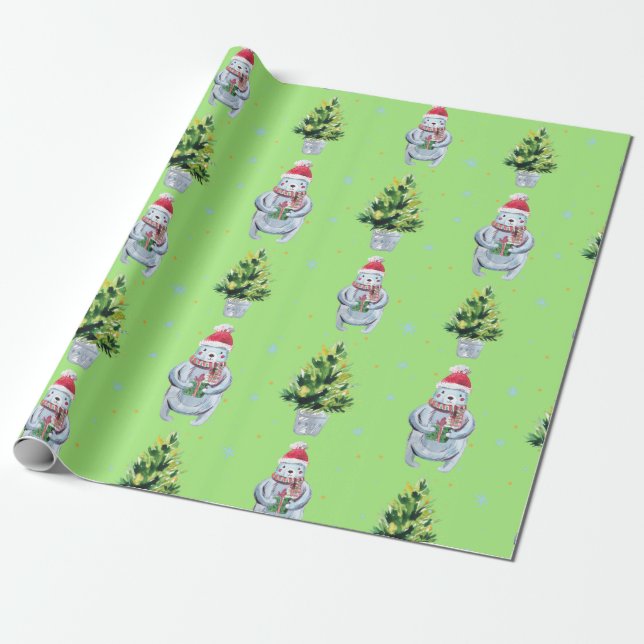White Bear Holding a Present and Green Tree Wrapping Paper (Unrolled)