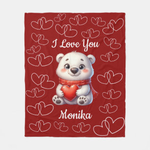 White Bear & Red I Love You Personalised Name Fleece Blanket
