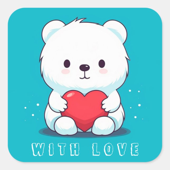 White bear with a heart, personalised square sticker (Front)
