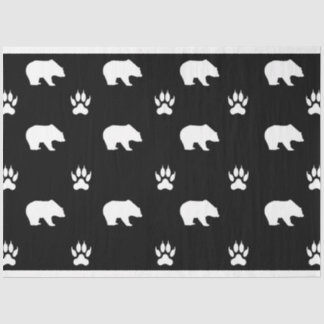White Bears with Paw Prints on Black Background Tissue Paper