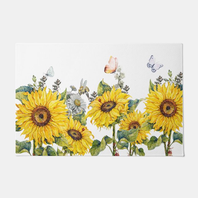 White Beautiful Sunflower Garden And Butterfly Doormat (Front)