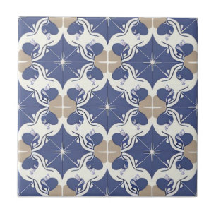 White, beige and dark blue floral tile