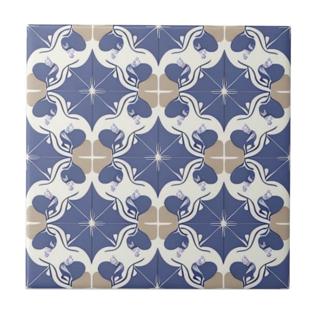 White, beige and dark blue floral tile (Front)