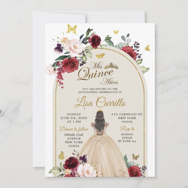 White Beige and Marsala Butterfly Mis Quince Invitation (Front)