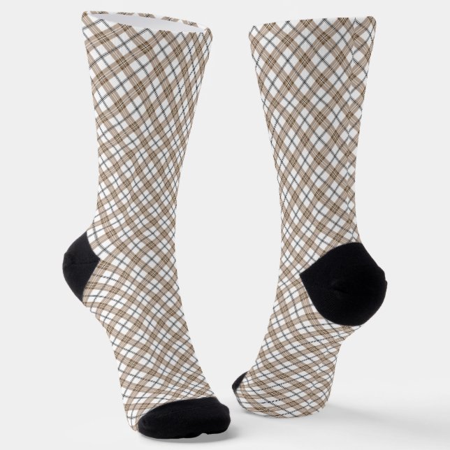 White beige black diagonal light chequered pattern socks (Angled)
