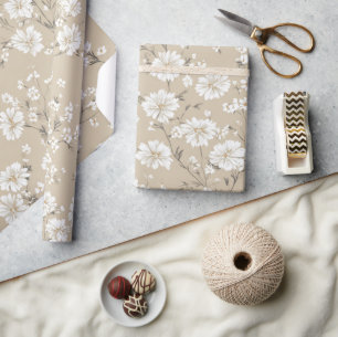 White Beige Ditsy Flower Elegant Boho 70s Vintage Wrapping Paper