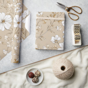 White Beige Ditsy Flower Elegant Boho 70s Vintage Wrapping Paper