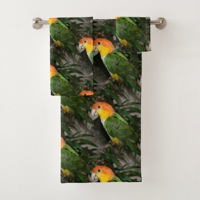 White Bellied Caique Parrot with Bamboo Tree Bath Towel Set (Insitu)