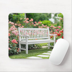 White Bench In a Summer Rose Garden Mouse Pad