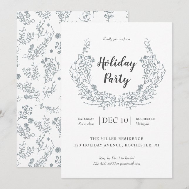 White Berries holiday laurel party Invitation (Front/Back)
