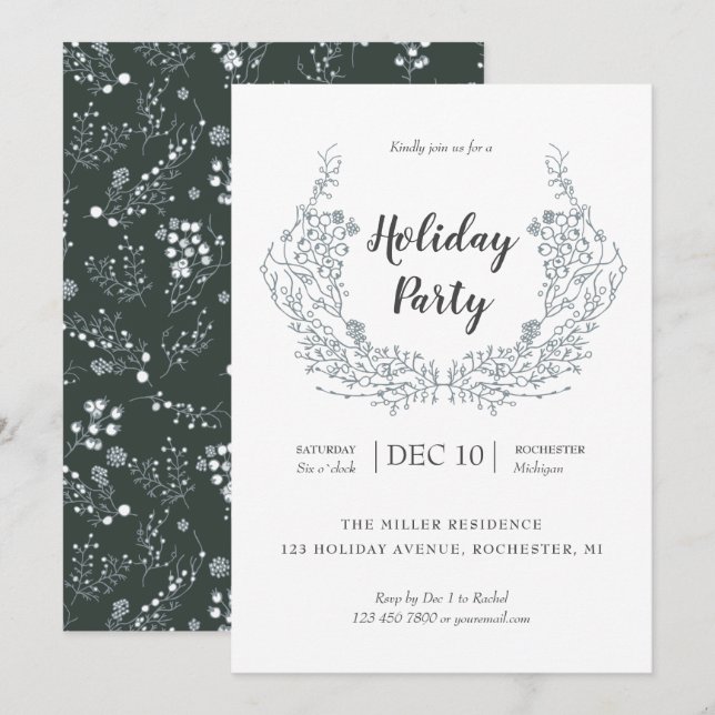 White Berries holiday laurel party Invitation (Front/Back)