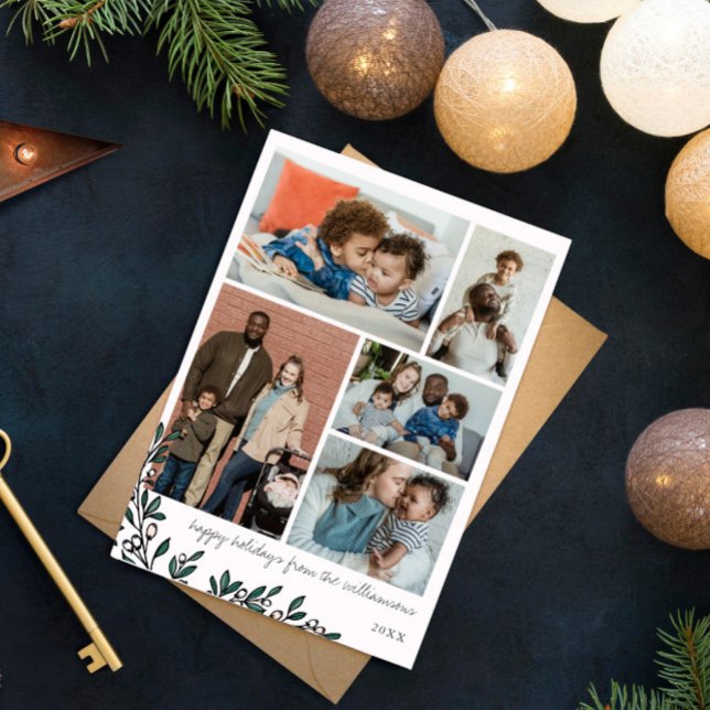 White Berry Sprigs Photo Collage Happy Holidays Holiday Card (Creator Uploaded)