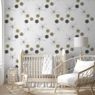 White BG Mid Century Modern Circle and Stars  Wallpaper
