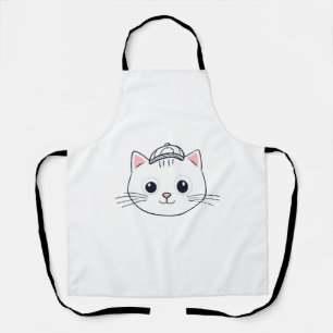 White Bib Kitchen Apron with Cute Cartoon Cat 