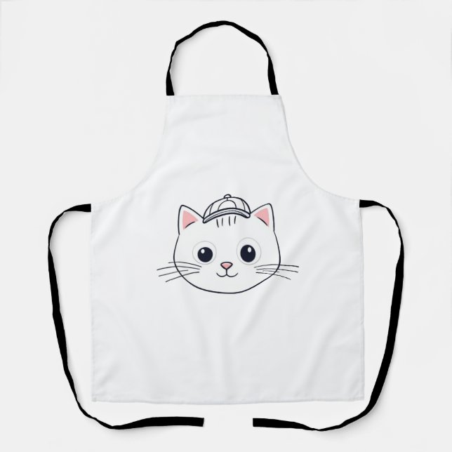 White Bib Kitchen Apron with Cute Cartoon Cat  (Front)
