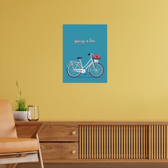 White Bicycle Pink Flowers Blue Background Poster (Living Room 2)