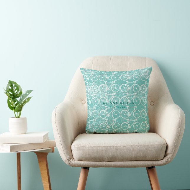 White Bicycles distressed on pale blue Cushion (Chair)