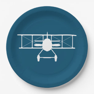 White Biplane Profile on Blue Background Paper Plate