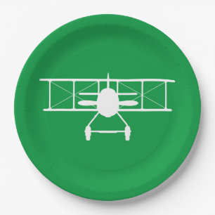 White Biplane Profile on Green Background Paper Plate
