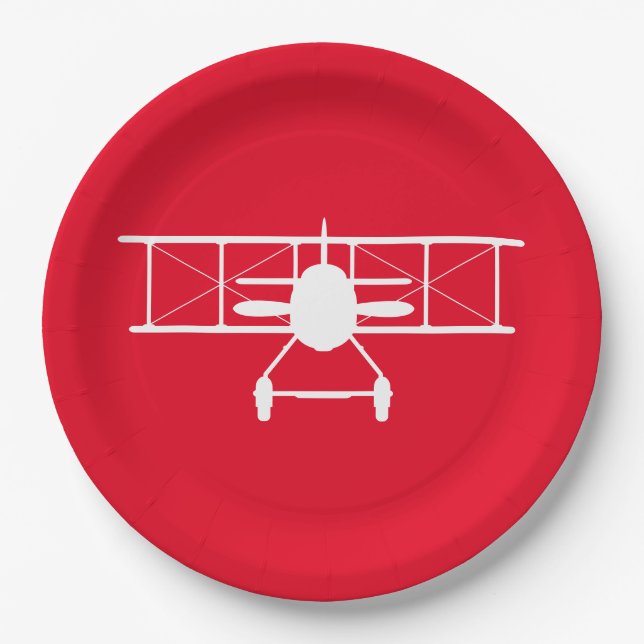 White Biplane Profile on Red Background Paper Plate (Front)