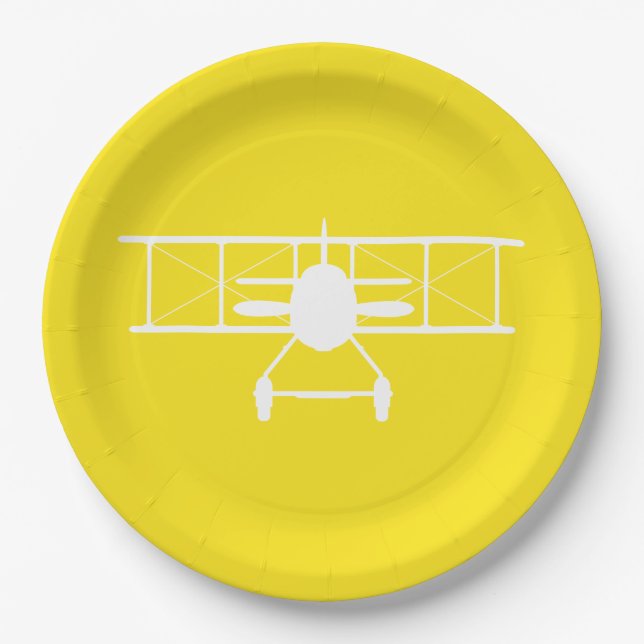 White Biplane Profile on Yellow Background Paper Plate (Front)
