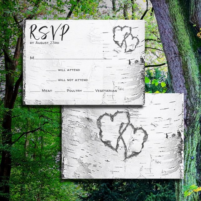 White Birch Carved Hearts Wedding RSVP Card (Creator Uploaded)