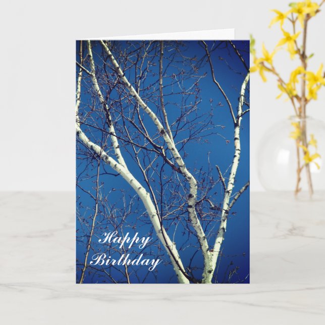 White Birch Tree Blue Sky Nature Birthday Card (Yellow Flower)