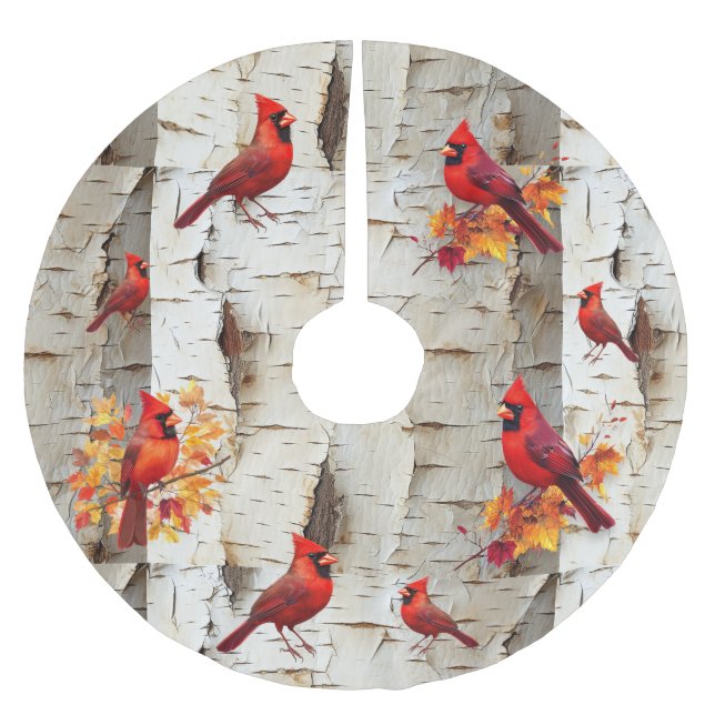 White Birch Tree Red Cardinals Brushed Polyester Tree Skirt (Front)