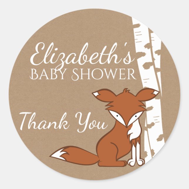 White Birch Trees and Fox Baby Shower Classic Round Sticker (Front)
