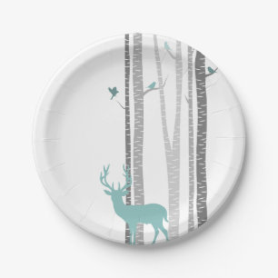 White Birch Trees with Deer and Birds Paper Plate