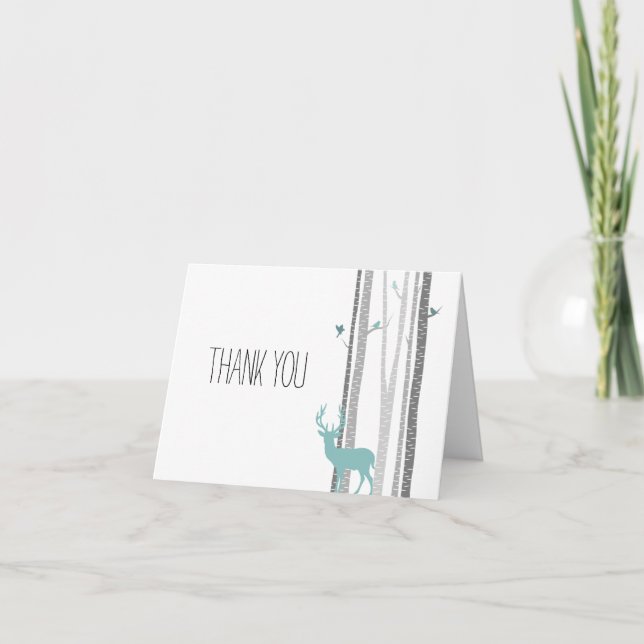 White Birch Trees with Deer and Birds Thank you Card (Front)