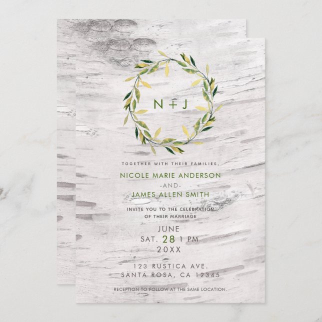 White Birch Wood Rustic Country Wreath Wedding Invitation (Front/Back)