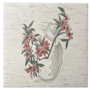 White Bird & Cherry Blossoms on Birch Ceramic Tile