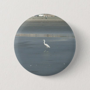 White Bird on Grey Sand Beach Art Print 6 Cm Round Badge