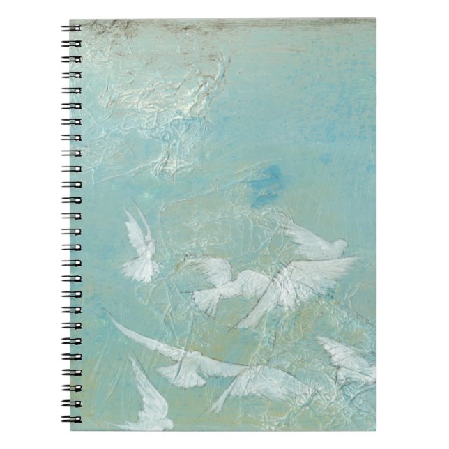 White Birds Flying Through Blue Sky Spiral Notebook (Front)
